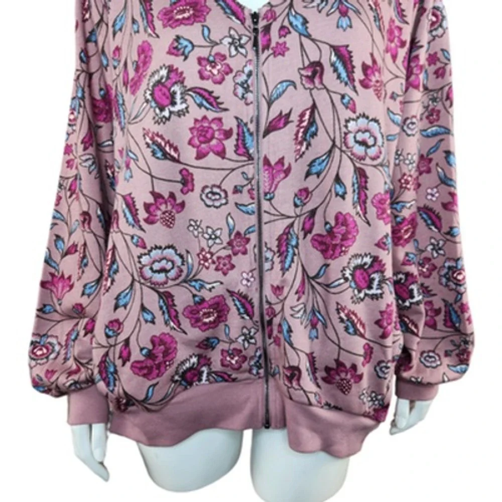 The Muses Lounge‎ French Terry Zip-Front Full Zip Jacket Mauve Floral X-Large